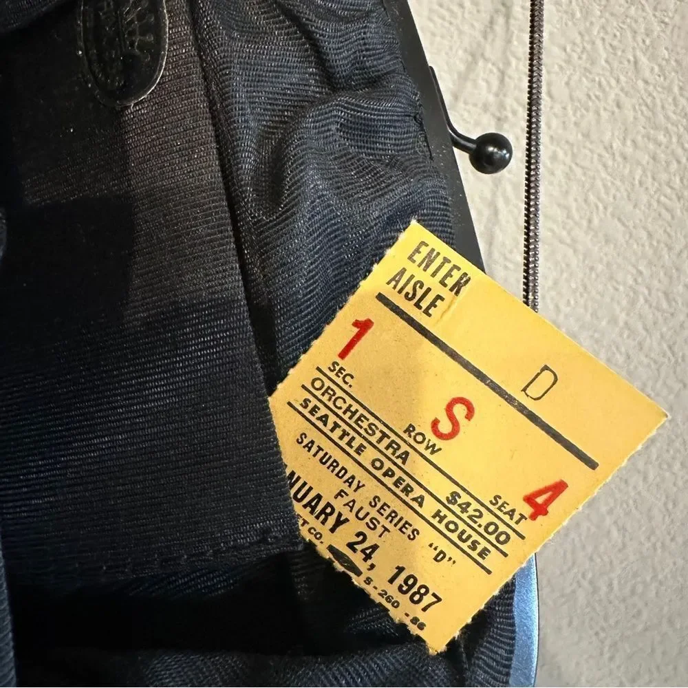Vintage | deep green satin bag on a chain with the 1987 opera ticket